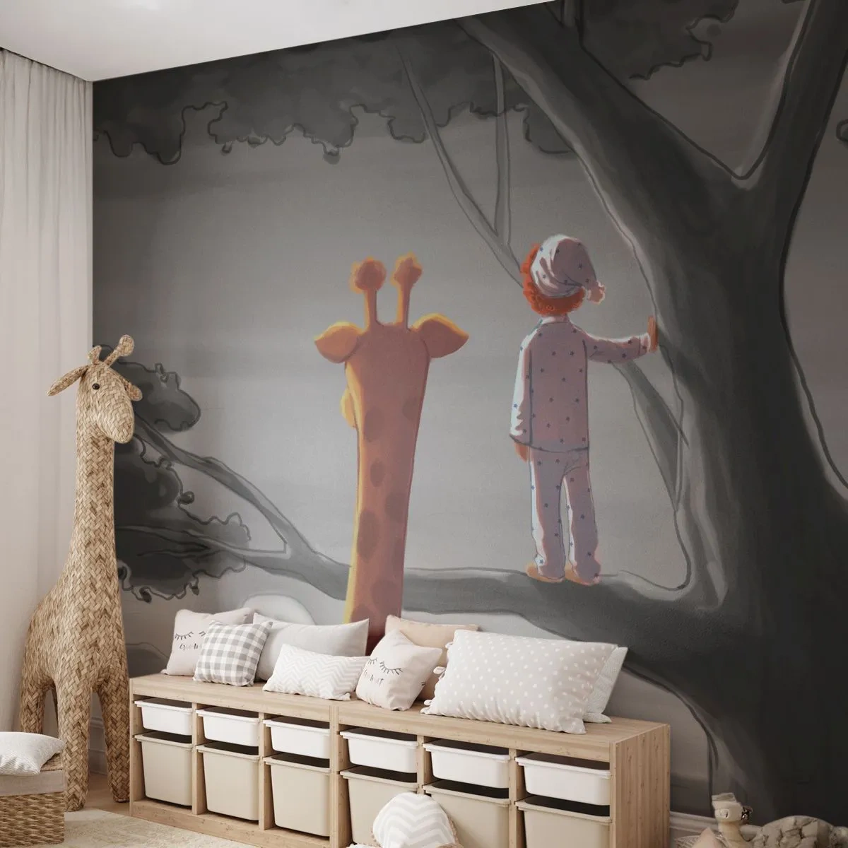Fotobehang Premium Canvas - Dit gebeurt echt - Giraffe, Kinderen, Droom - 400x280 cm