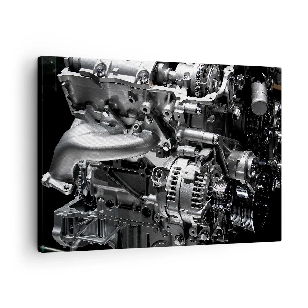 Schilderen op canvas - Close-up van metalen motoronderdelen op een zwarte achtergrond - 70x50cm - Staal, mooi, sterk - Moderne wanddecoratie voor woonkamer en slaapkamer ARTTOR