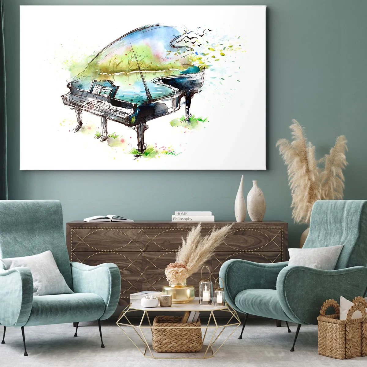 Schilderen op canvas - Artistieke aquarel van een piano met de natuur op de achtergrond - 70x50cm - Betoverd in muziek - Moderne wanddecoratie voor woonkamer en slaapkamer ARTTOR