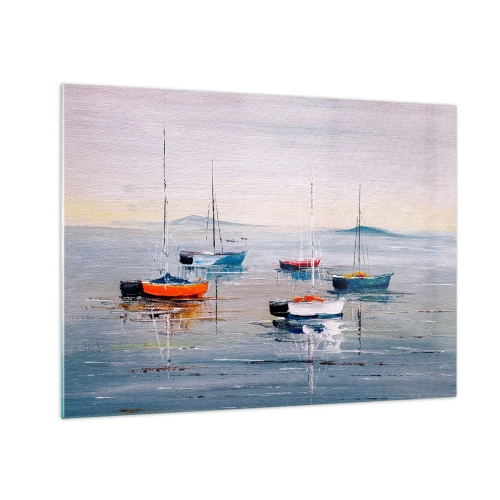 Schilderen op glas - Kleurrijke boten die bij zonsondergang op het kalme water drijven - 70x50cm - Een welverdiende rust - Moderne wanddecoratie voor woonkamer en slaapkamer ARTTOR