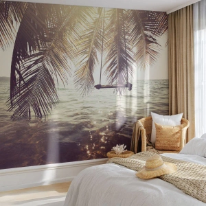 Fotobehang Premium Sand - Je kunt naar believen in de wolken slingeren - Landschap, Kokospalm, Zee - 350x256 cm