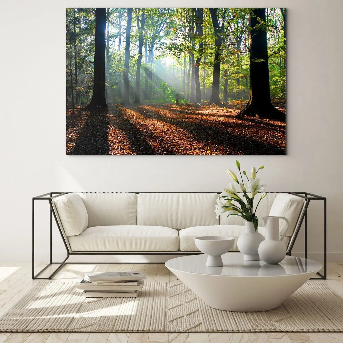 Schilderen op glas - Een bos in de zonnestralen in een herfstlandschap - 70x50cm - Lichten en schaduwen - Moderne wanddecoratie voor woonkamer en slaapkamer ARTTOR