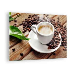 Schilderen op glas - Een kopje koffie omringd door bonen op een houten tafel - 70x50cm - Koffie op de bank - Moderne wanddecoratie voor woonkamer en slaapkamer ARTTOR