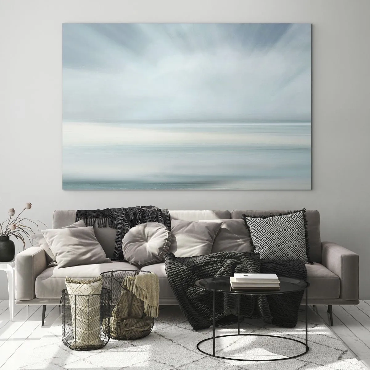 Schilderen op glas - Vage abstractie in tinten blauw, wit en grijs - 70x50cm - Vrede tot aan de horizon - Moderne wanddecoratie voor woonkamer en slaapkamer ARTTOR