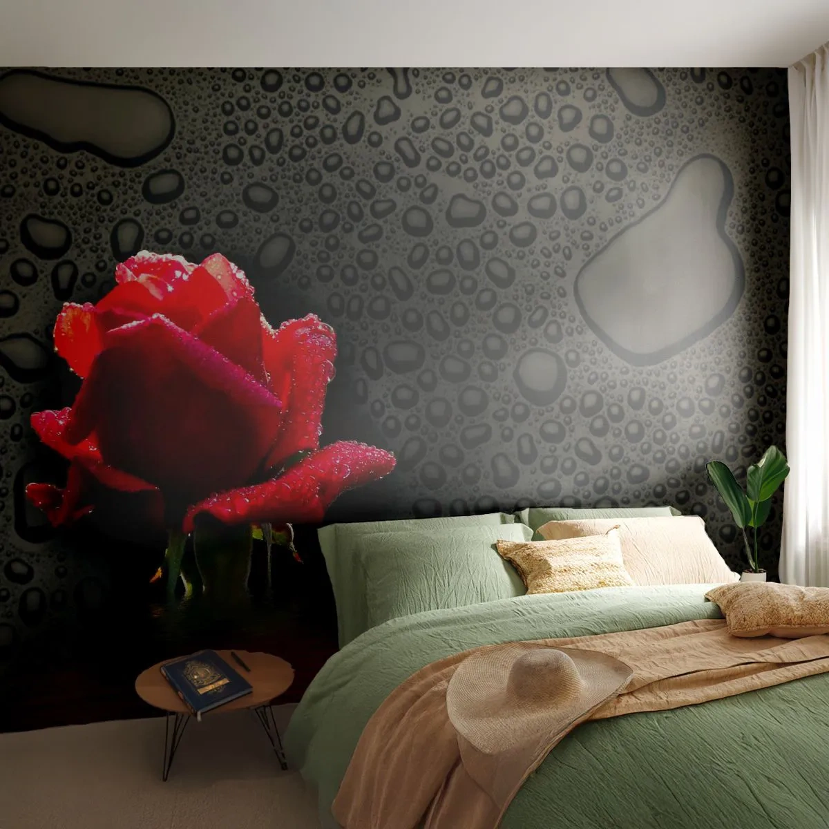 Fotobehang Premium Sand - Rood en zwart - Bloemen, Roos, Water - 400x280 cm
