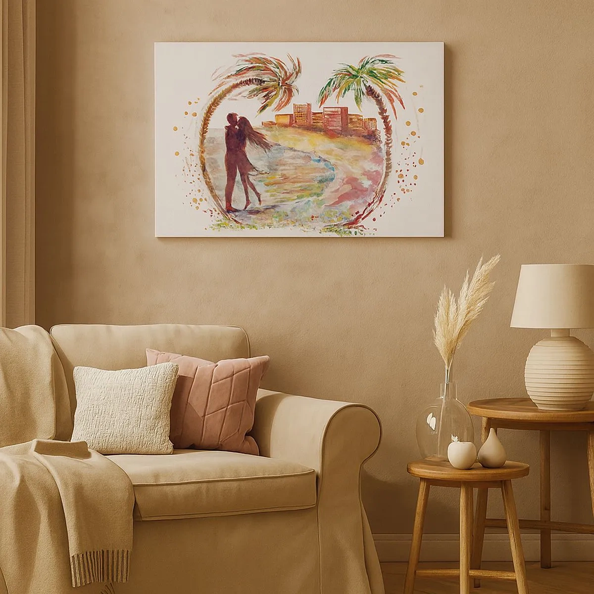 Schilderen op canvas - Romantisch koppel op een strand met palmbomen in aquarel - 70x50cm - Romantische vakantie - Moderne wanddecoratie voor woonkamer en slaapkamer ARTTOR