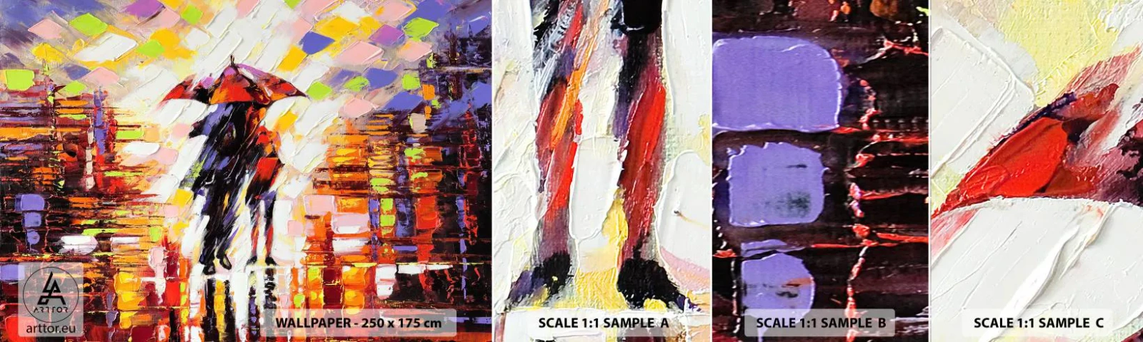 Fotobehang Staaltje Standard Eco - Samen door de nacht en regen - Abstractie, Verliefd stel, Lopen in de regen - 100x30 cm