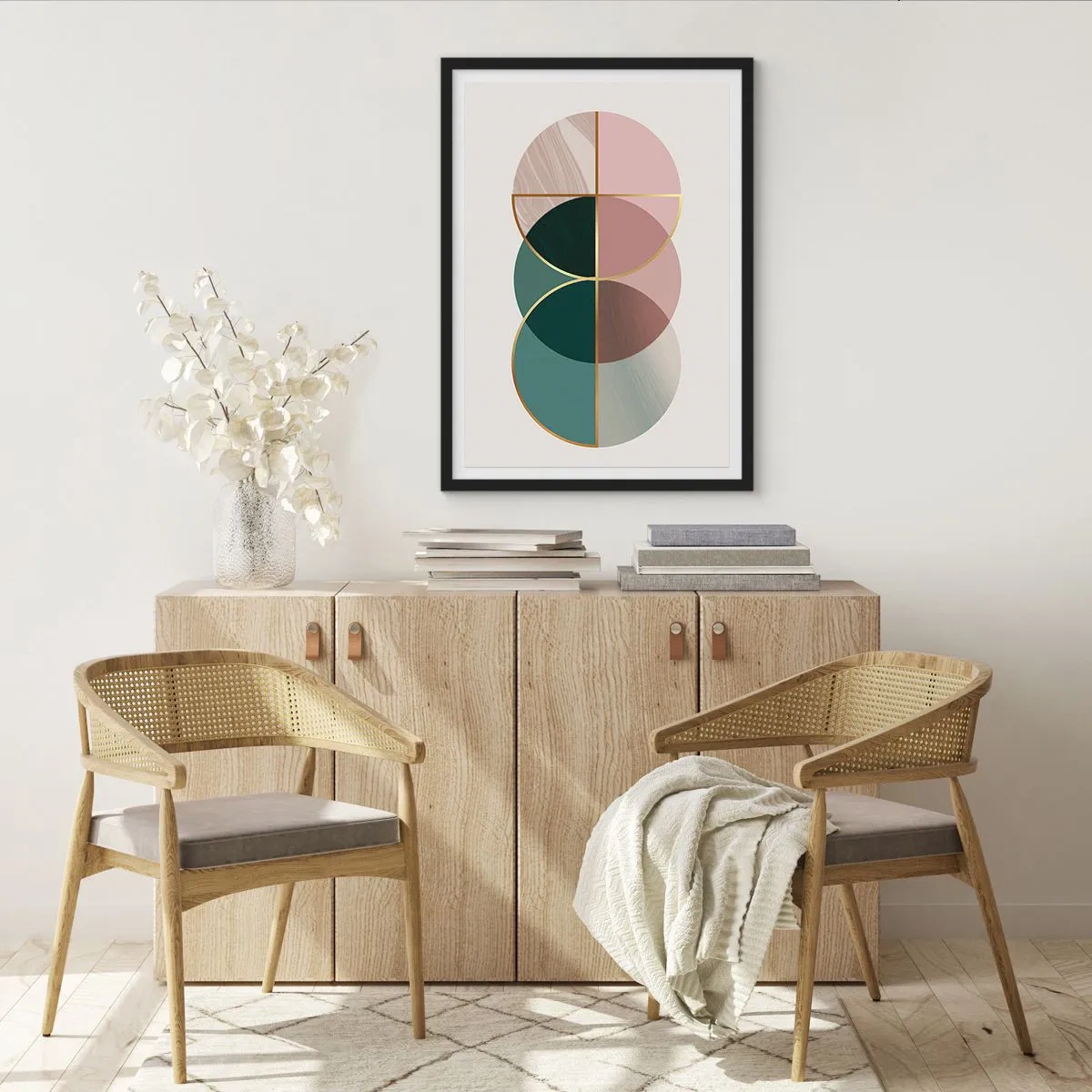 Poster in een zwarte lijst - Abstracte geometrische compositie met cirkels en goud - 50x70cm - Wiel voor wiel... - Moderne wanddecoratie voor woonkamer en slaapkamer ARTTOR