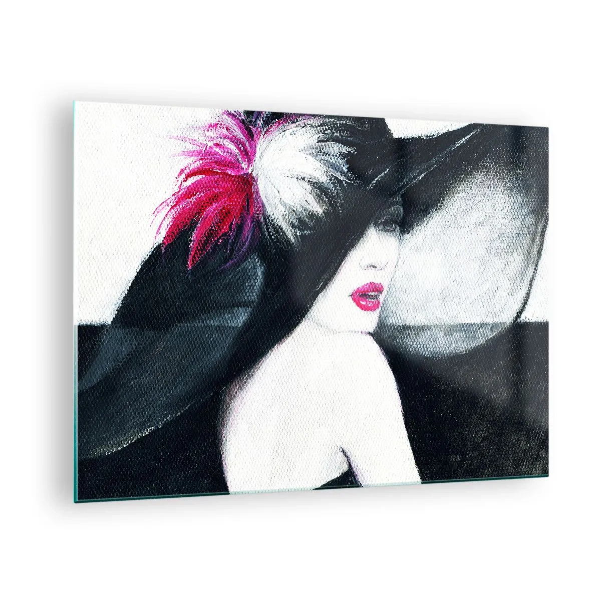 Schilderen op glas - Portret van een vrouw met een grote hoed met een roze veer - 70x50cm - Altijd een geheim - Moderne wanddecoratie voor woonkamer en slaapkamer ARTTOR