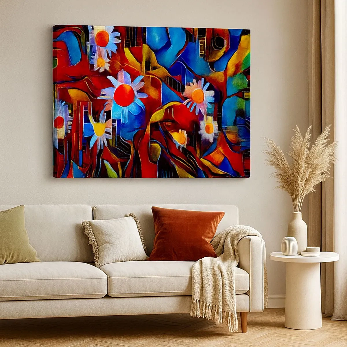 Schilderen op canvas - Abstracte bloemen tegen een achtergrond van geometrische patronen - 70x50cm - De kleuren van het leven - Moderne wanddecoratie voor woonkamer en slaapkamer ARTTOR