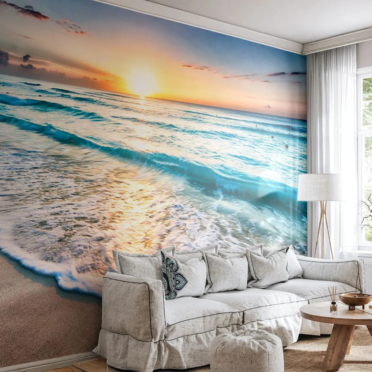 Fotobehang Premium Canvas - Een uitzicht dat de moeite waard is - Landschap, Strand, Zonsondergang - 450x315 cm