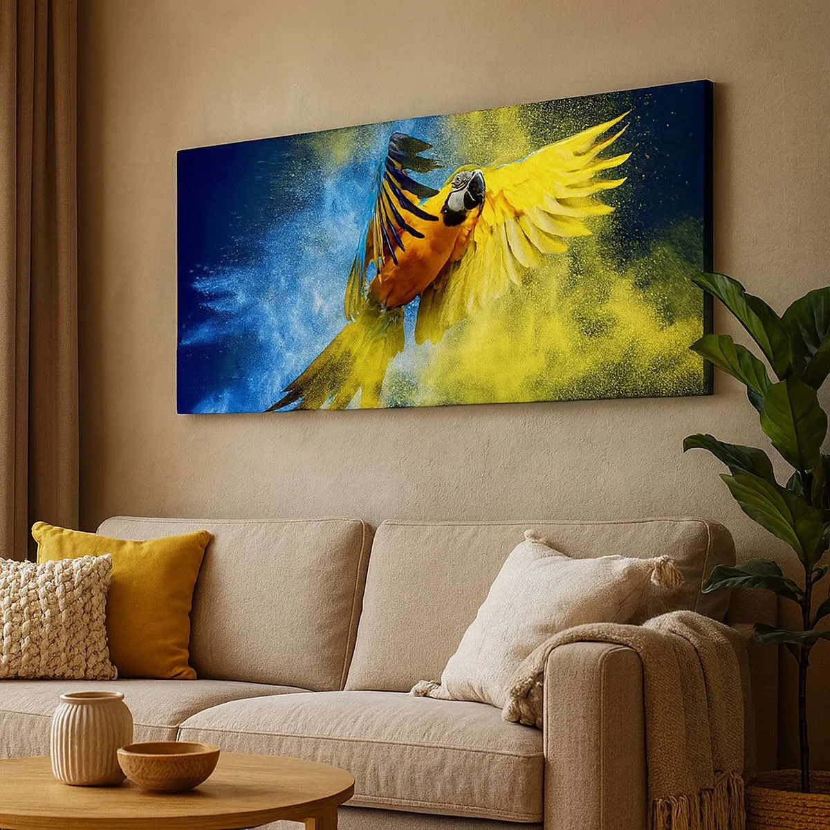 Schilderen op canvas - In het blauwe en gouden stof - 100x40 cm