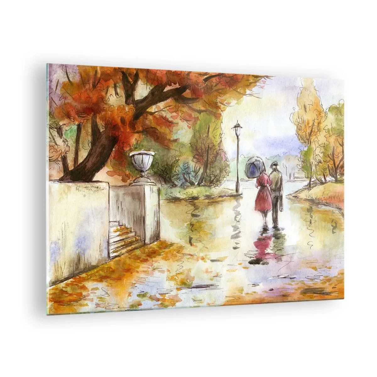 Schilderen op glas - Een herfstwandeling van een stel door een park met kleurrijke bladeren - 70x50cm - Romantische herfst in het park - Moderne wanddecoratie voor woonkamer en slaapkamer ARTTOR