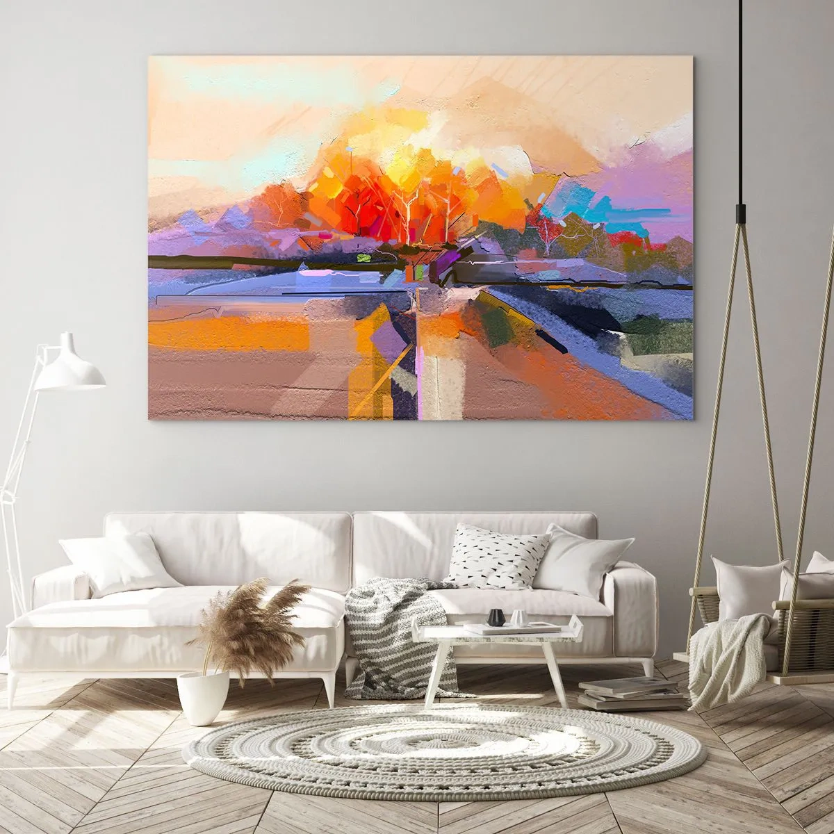 Schilderen op glas - Abstract landschap met zonsondergang en kleurrijke velden - 70x50cm - De herfst is geworden - Moderne wanddecoratie voor woonkamer en slaapkamer ARTTOR