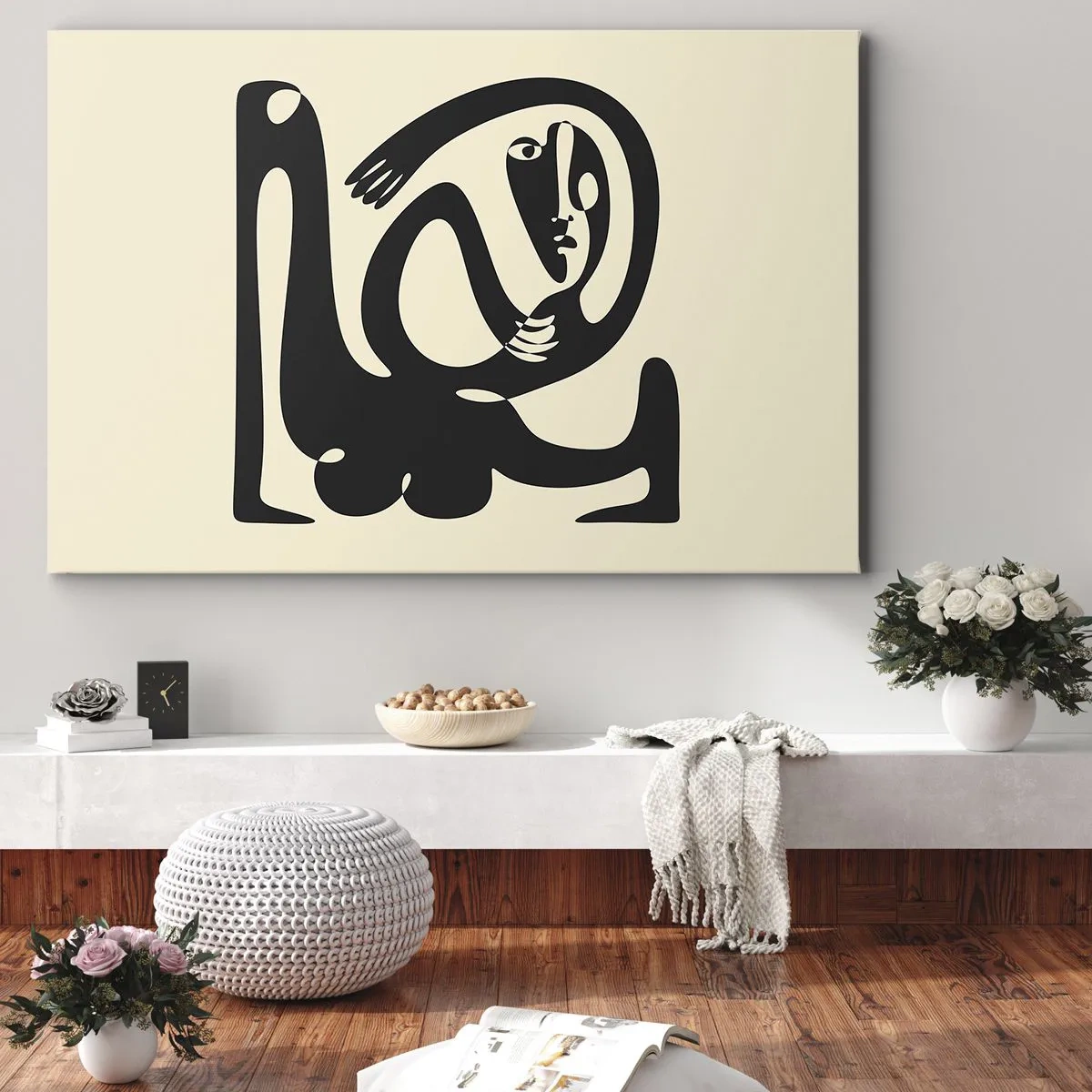 Schilderen op canvas - Een abstract figuur in zwart op een beige achtergrond - 70x50cm - Bijna Picasso - Moderne wanddecoratie voor woonkamer en slaapkamer ARTTOR