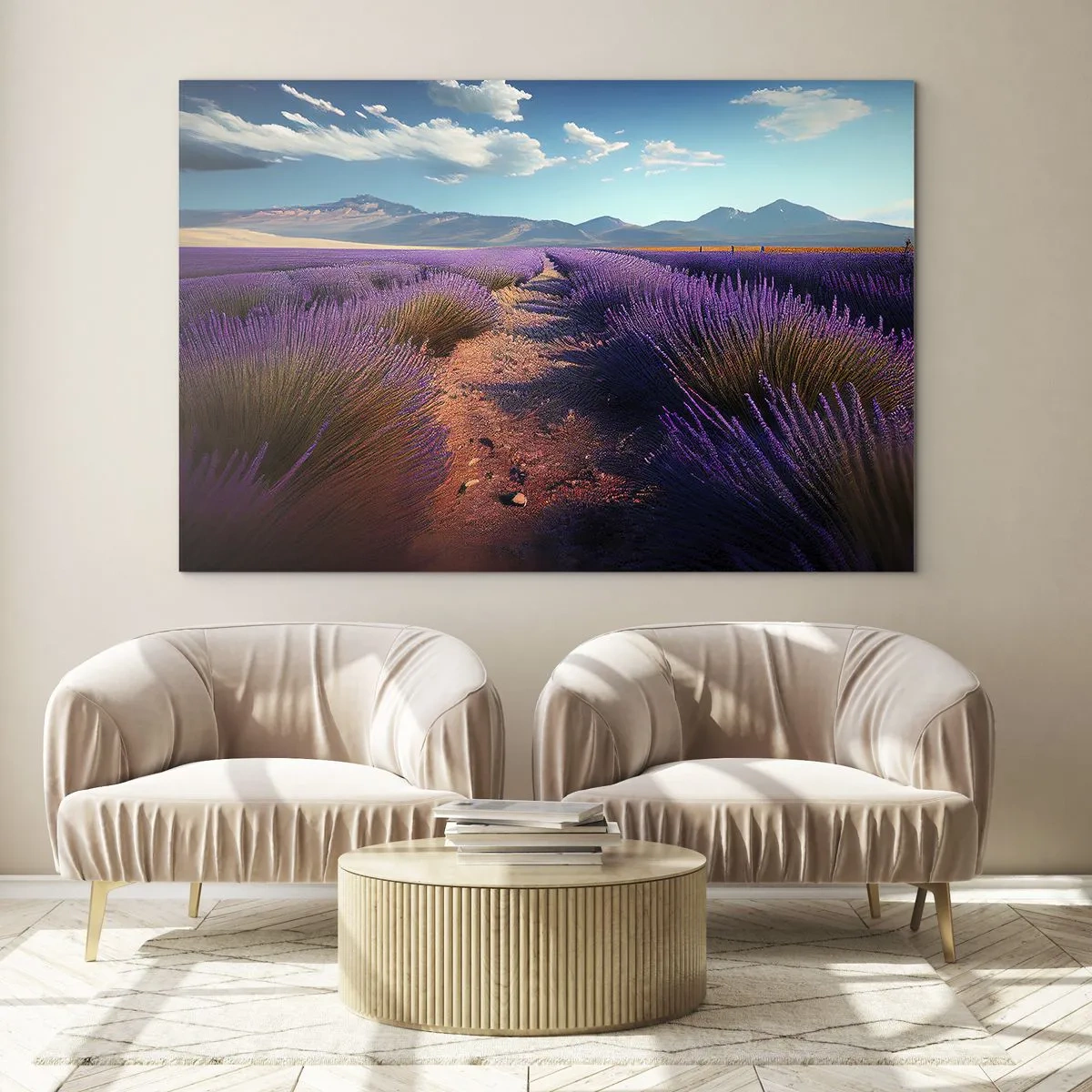 Schilderen op glas - Lavendelvelden bij zonsondergang met uitzicht op de bergen - 70x50cm - Geurige velden - Moderne wanddecoratie voor woonkamer en slaapkamer ARTTOR