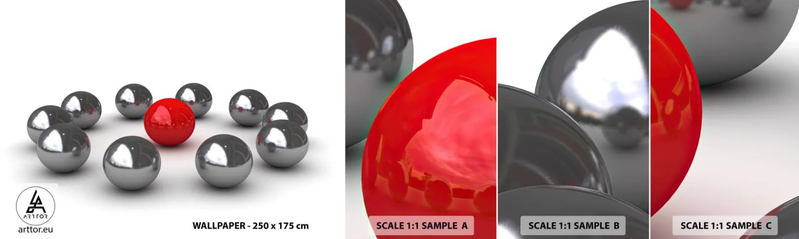 Fotobehang Monster Zelfklevend Deluxe Sticker - Een cirkel in zilver en rood - Abstractie, 3D, Ronde ballen - 100x30 cm