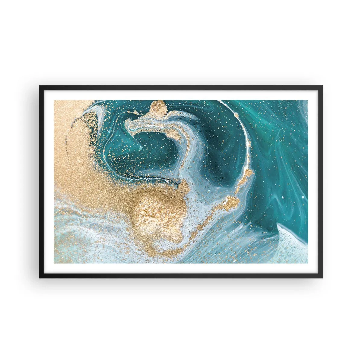 Poster in een zwarte lijst - Een werveling van goud en turkoois - 91x61 cm