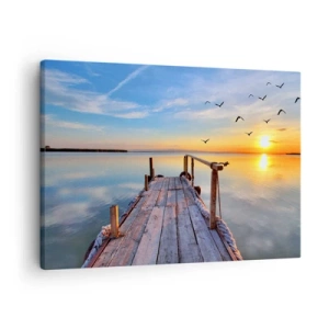 Schilderen op canvas - Houten pier bij zonsondergang op een kalm meer - 70x50cm - Loop recht naar de zon - Moderne wanddecoratie voor woonkamer en slaapkamer ARTTOR