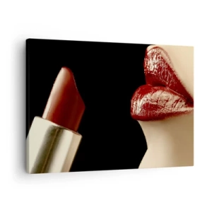 Schilderen op canvas - Rode lippen en lippenstift op een zwarte achtergrond - 70x50cm - Sensualiteit en schittering van karmijn - Moderne wanddecoratie voor woonkamer en slaapkamer ARTTOR