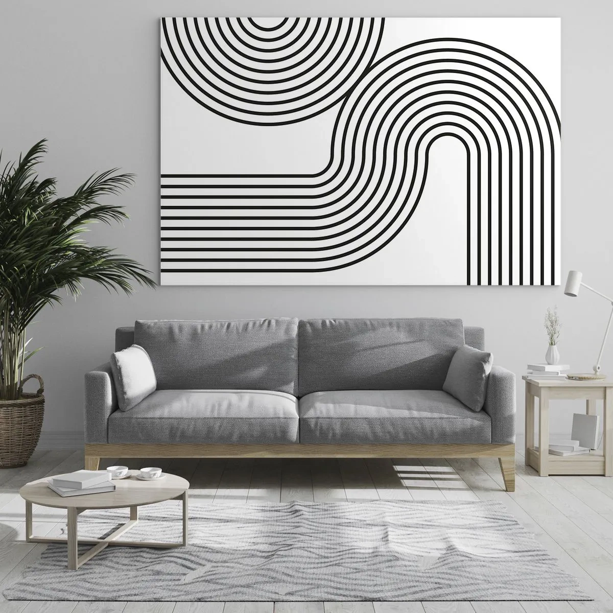 Schilderen op glas - Zwart-witafbeeldingen met gebogen parallelle lijnen - 70x50cm - In de bocht - Moderne wanddecoratie voor woonkamer en slaapkamer ARTTOR