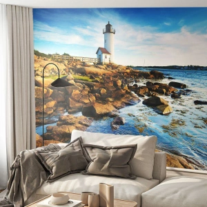 Fotobehang Premium Sand - Kom blij terug, ik wacht - Landschap, Vuurtoren, Atlantische Oceaan - 100x70 cm