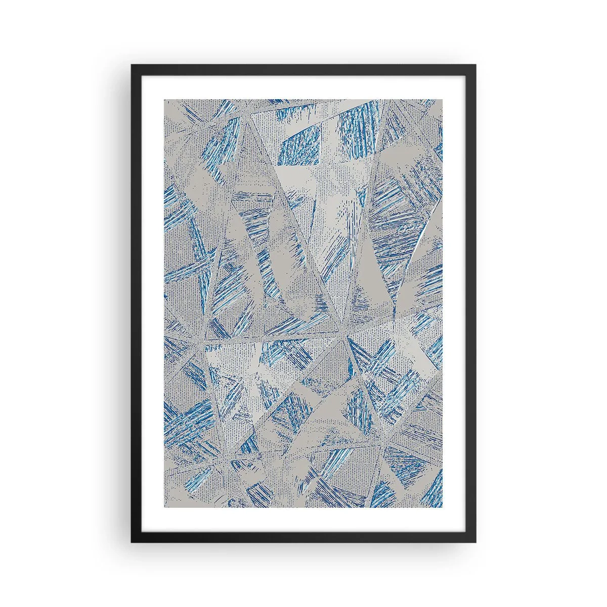 Poster in een zwarte lijst - Geometrische abstractie in tinten blauw en grijs - 50x70cm - In een blauwgrijs labyrint - Moderne wanddecoratie voor woonkamer en slaapkamer ARTTOR