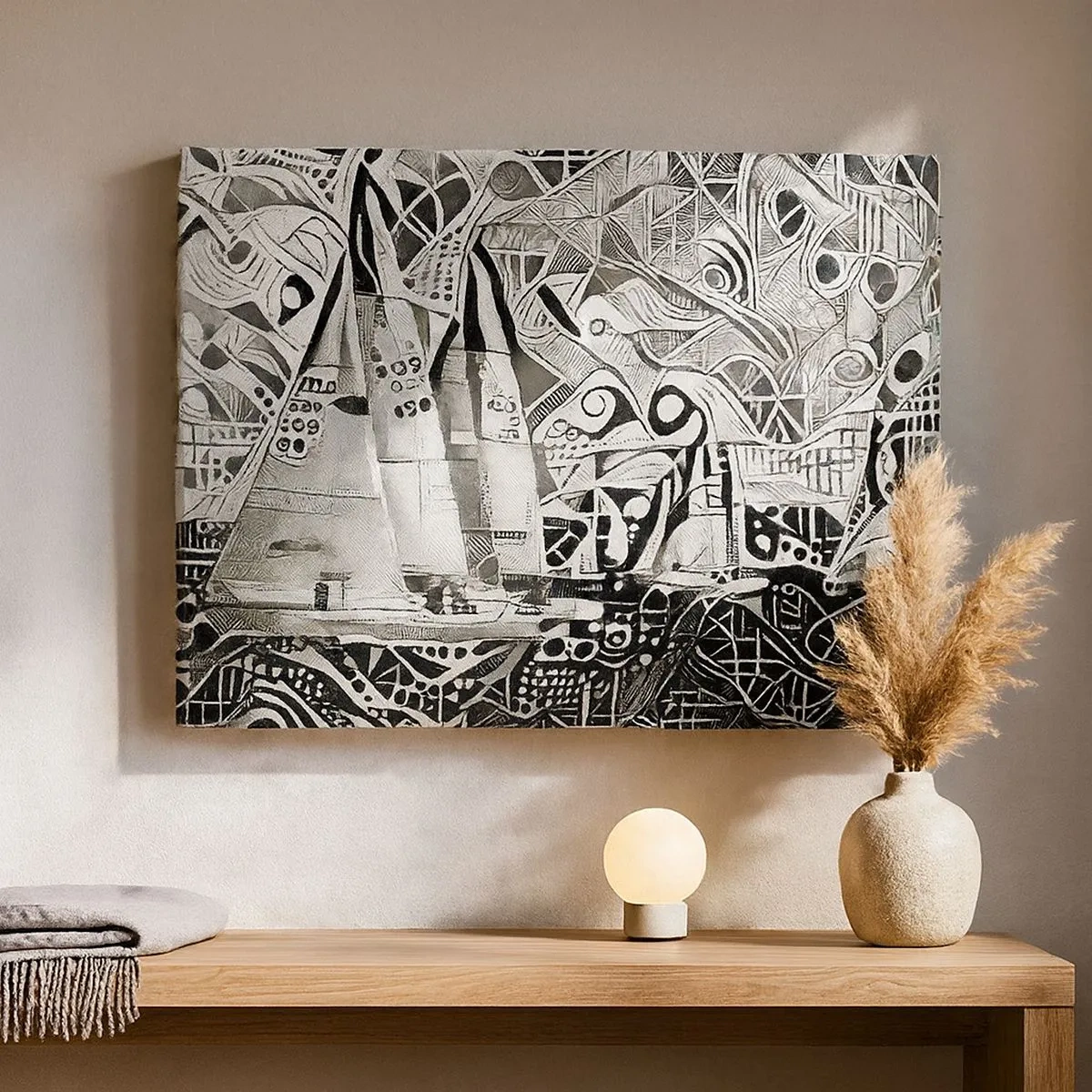 Schilderen op canvas - Abstracte zeilboten in een monochrome compositie - 70x50cm - Tussen de golven - Moderne wanddecoratie voor woonkamer en slaapkamer ARTTOR