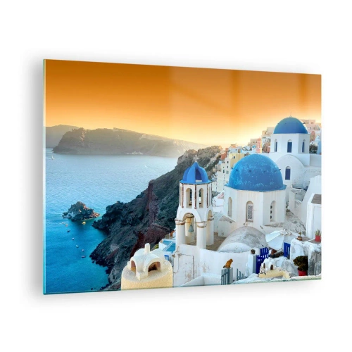 Schilderen op glas - Uitzicht op Santorini met zijn blauwe koepels en kliffen - 70x50cm - Santorini - genesteld tegen de rotsen - Moderne wanddecoratie voor woonkamer en slaapkamer ARTTOR