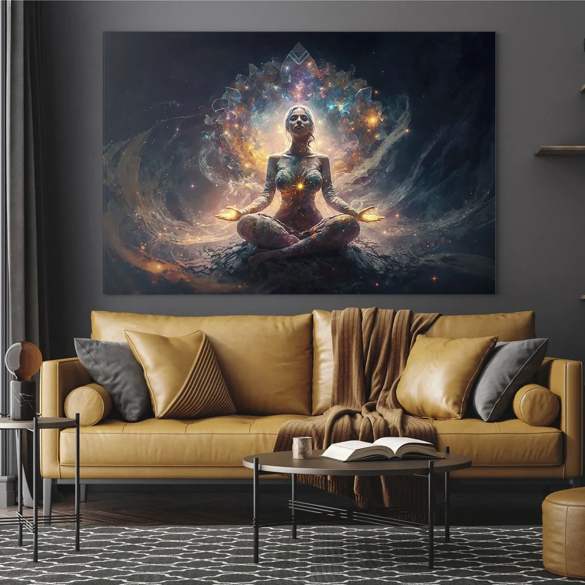 Schilderen op glas - Een mediterende vrouw in een stralende aura van energie en kleur - 70x50cm - Stroom van goede energie - Moderne wanddecoratie voor woonkamer en slaapkamer ARTTOR