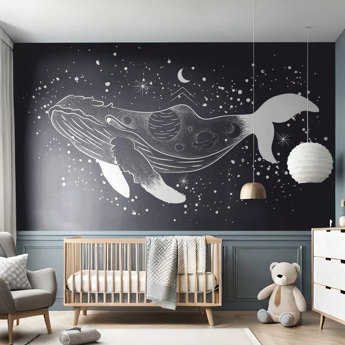 Zelfklevend Fotobehang Deluxe Sticker - In de oceaan van het universum - Abstractie, Walvis, Zwart en wit - 100x70 cm