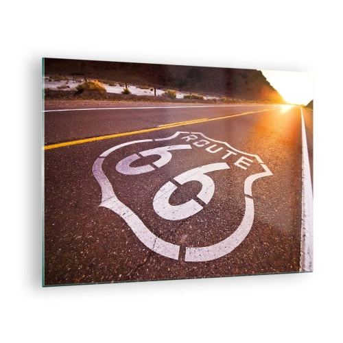 Schilderen op glas - Route 66 bij zonsondergang - 70x50cm - De beroemde weg 66 - Moderne wanddecoratie voor woonkamer en slaapkamer ARTTOR