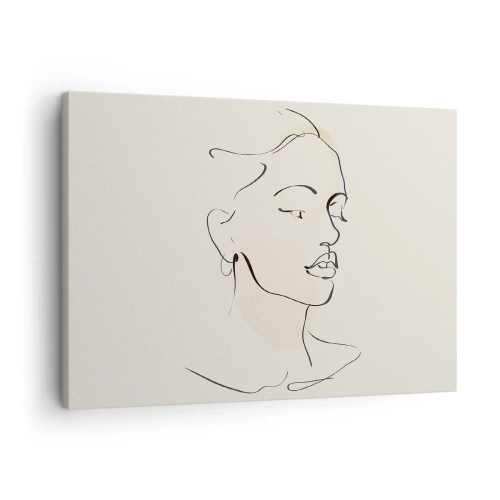 Schilderen op canvas - Een delicate schets van een vrouwengezicht op een lichte achtergrond - 70x50cm - Een bepaalde lijn - Moderne wanddecoratie voor woonkamer en slaapkamer ARTTOR