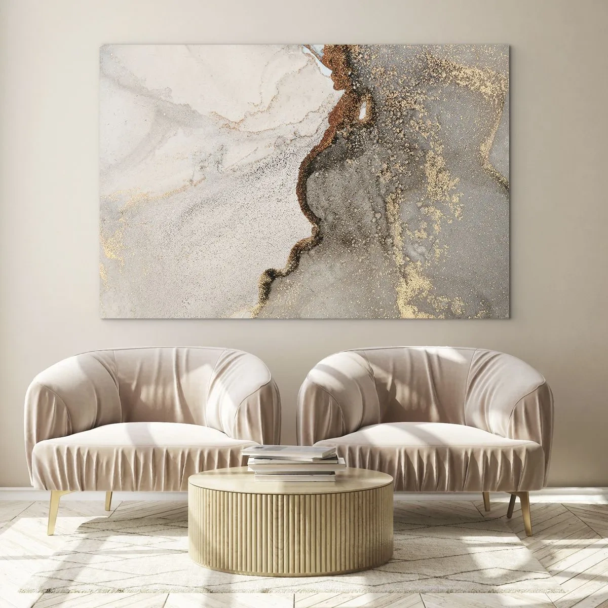 Schilderen op glas - Abstracte compositie met beige, goud en grafiet - 70x50cm - Op de grens van kleuren - Moderne wanddecoratie voor woonkamer en slaapkamer ARTTOR