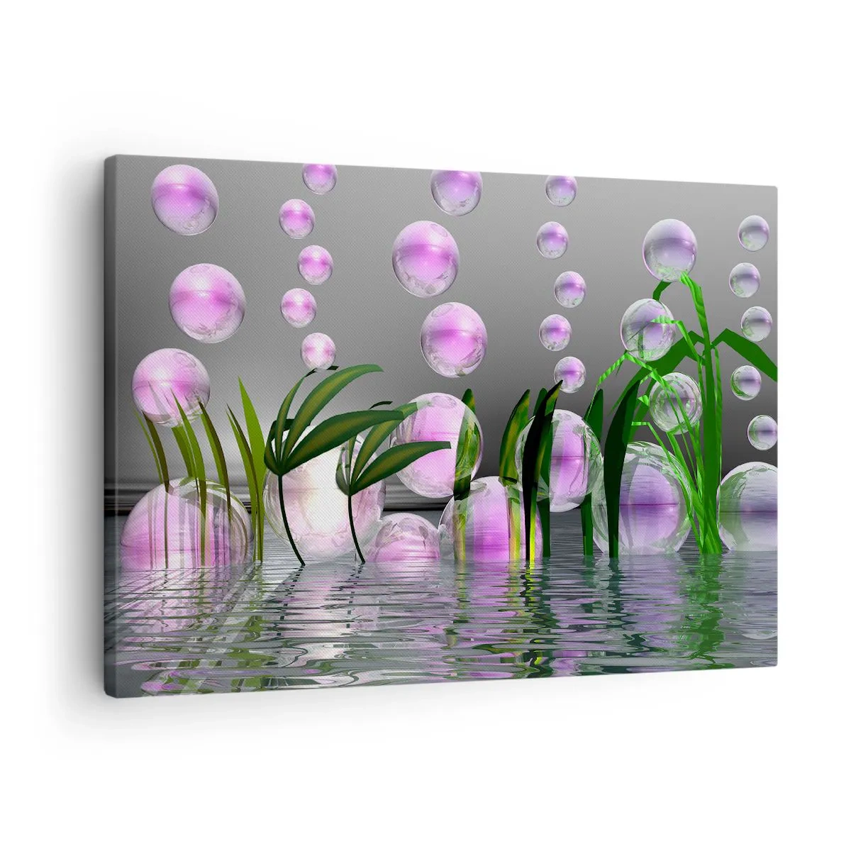 Schilderen op canvas - Groene bladeren en roze bubbels boven het water op een grijze achtergrond - 70x50cm - Een reflecterende compositie van lichtheid en leven - Moderne wanddecoratie voor woonkamer en slaapkamer ARTTOR