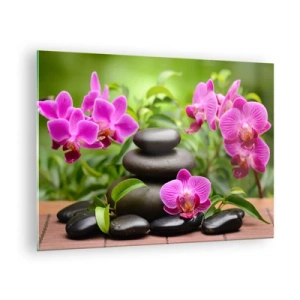 Schilderen op glas - Roze orchideeën en zwarte stenen in een rustige omgeving - 70x50cm - De piramide van vrede - Moderne wanddecoratie voor woonkamer en slaapkamer ARTTOR