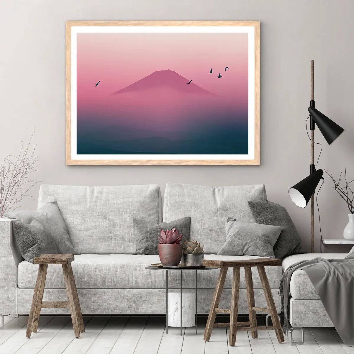 Een poster in een licht eiken lijst - Wandelaars boven de wolken - 100x70 cm