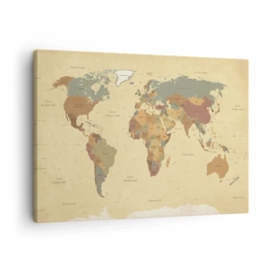 Schilderen op canvas - Een gestileerde wereldkaart in beige- en pasteltinten. - 70x50cm - Voor jou - de hele wereld - Moderne wanddecoratie voor woonkamer en slaapkamer ARTTOR