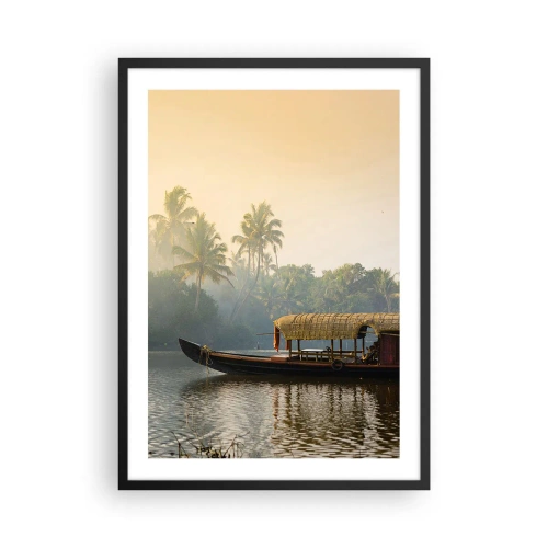 Poster in een zwarte lijst - Traditionele boot op een rivier tussen palmbomen bij zonsondergang - 50x70cm - Huis aan de rivier - Moderne wanddecoratie voor woonkamer en slaapkamer ARTTOR