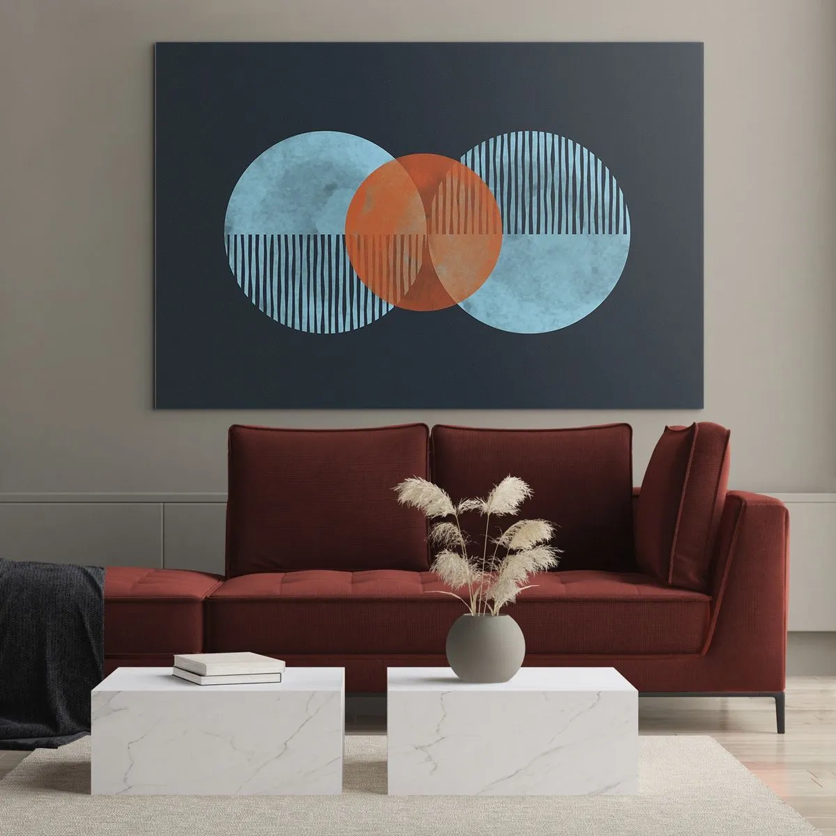Schilderen op glas - Gekleurde cirkels met verticale lijnen op een donkere achtergrond - 70x50cm - Symmetrische compositie - Moderne wanddecoratie voor woonkamer en slaapkamer ARTTOR