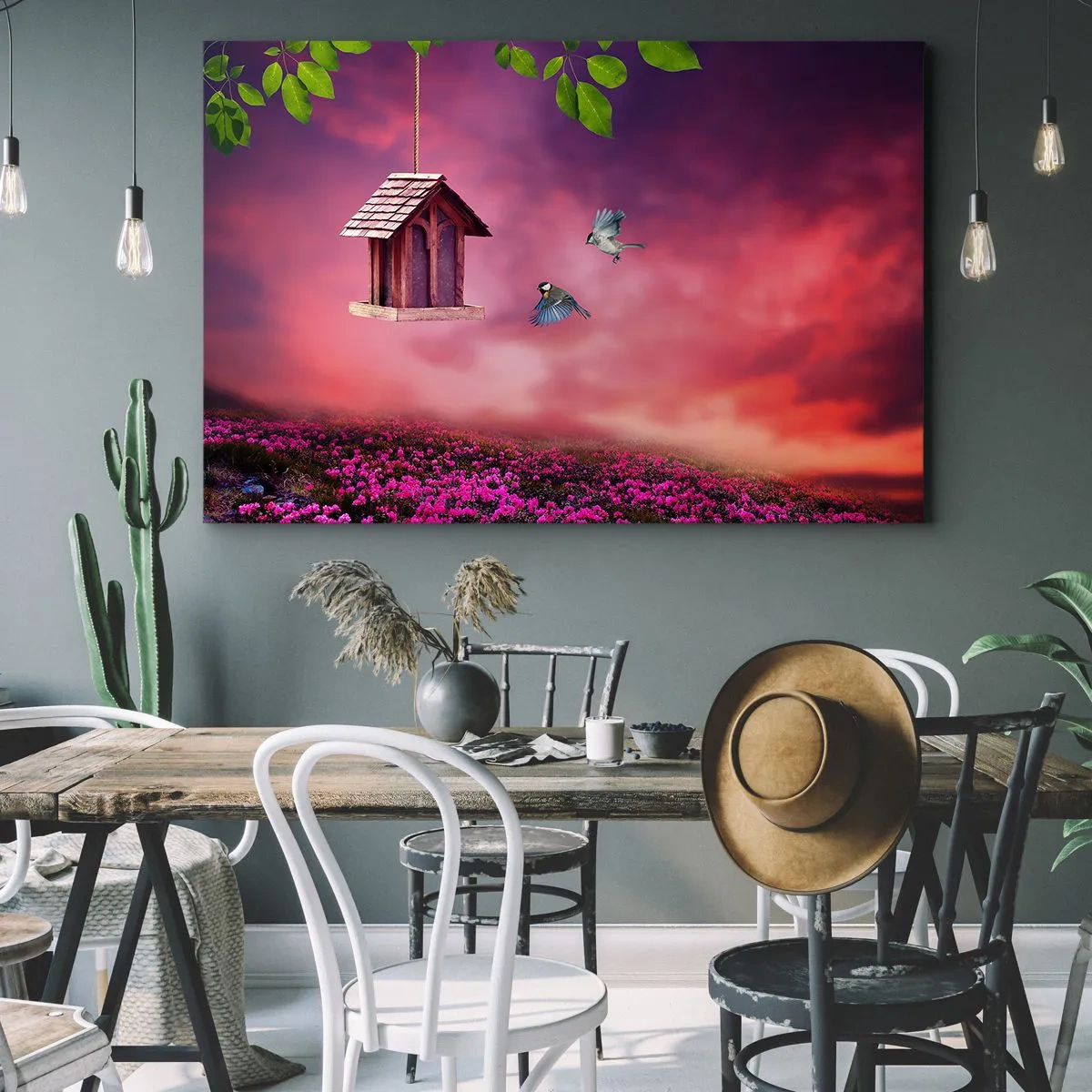 Schilderen op canvas - Een schilderachtig landschap met een vogelhuisje en een zonsondergang - 70x50cm - Uitnodiging voor het avondeten - Moderne wanddecoratie voor woonkamer en slaapkamer ARTTOR