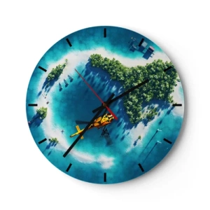Wandklok - Klok - Tropisch eiland met helikopter boven turquoise water - 30x30cm - Koop een eiland voor jezelf - Moderne wanddecoratie voor woonkamer, keuken en slaapkamer ARTTOR