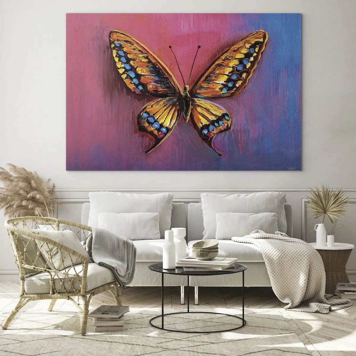 Schilderen op glas - Een kleurrijke vlinder op een achtergrond in tinten roze en paars - 70x50cm - Een juweel van de natuur - Moderne wanddecoratie voor woonkamer en slaapkamer ARTTOR