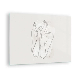 Schilderen op glas - Een minimalistische schets van de handen en lippen van een vrouw tegen een beige achtergrond. - 70x50cm - Een dromerig moment - Moderne wanddecoratie voor woonkamer en slaapkamer ARTTOR