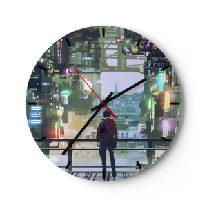 Wandklok - Klok - Een figuur in een futuristische stad met neonlichten en een skyline op de achtergrond - 30x30cm - Twee werelden - Moderne wanddecoratie voor woonkamer, keuken en slaapkamer ARTTOR