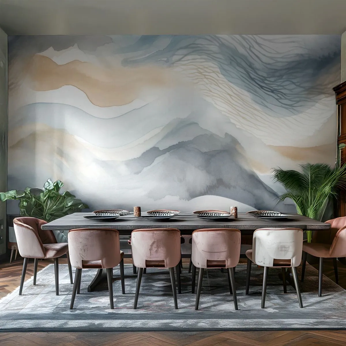 Fotobehang Premium Sand - Besneeuwde en mistige abstractie - Deel, Waterverf, Minimalisme - 250x175 cm