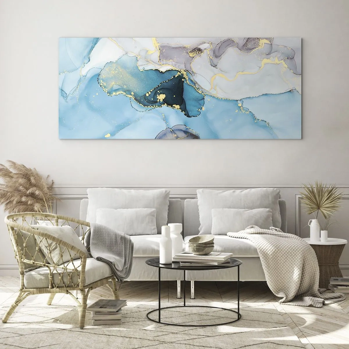 Schilderen op glas - Een studie van de ontmoeting van grijs en turkoois - 100x40 cm