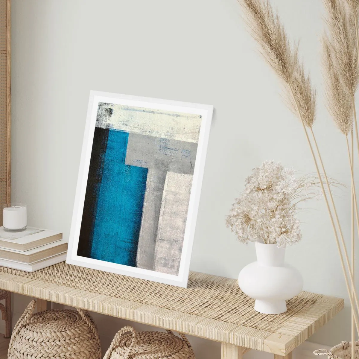 Poster in een witte lijst - Een poëtische compositie van grijs en blauw - 50x70 cm