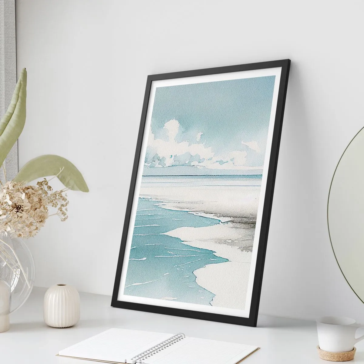 Poster in een zwarte lijst - Aquarel kustlandschap in pasteltinten - 50x70cm - Zachte vloed - Moderne wanddecoratie voor woonkamer en slaapkamer ARTTOR