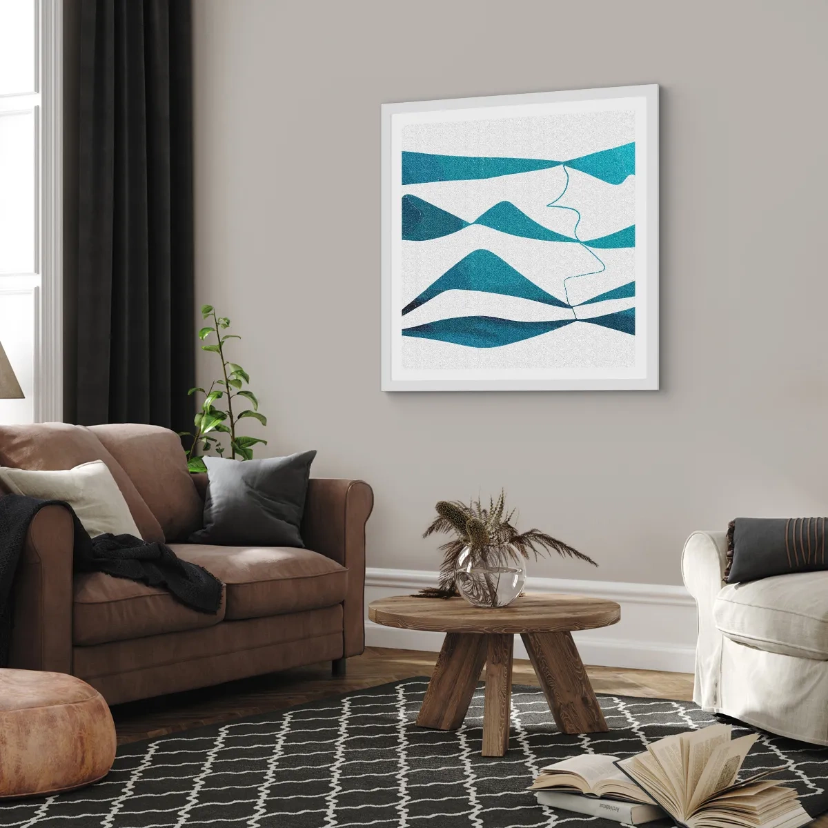 Poster in een witte lijst - Abstractie: turquoise verbinding - 60x60 cm